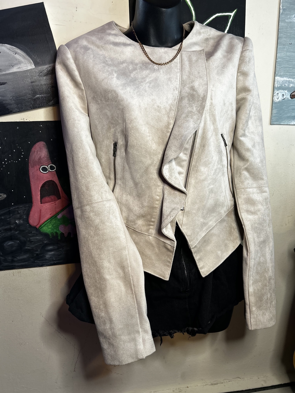 BCBGMAXAZRIA Draped Moto Jacket Size M Beige Taupe Suede-Look Asymmetrical Zip